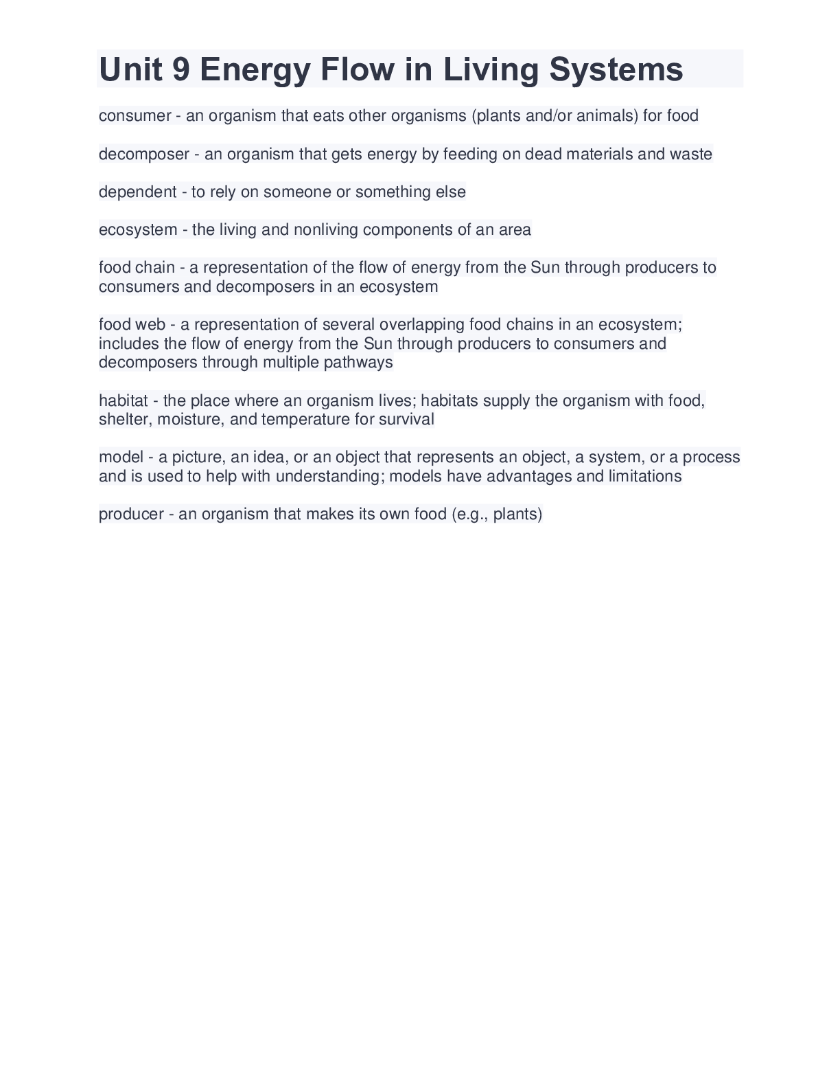 Unit 9 Energy Flow in Living Systems Browsegrades